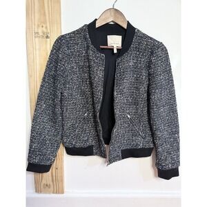 Rebecca Taylor Womens Tweed Bomber Jacket Sz 6 Black Cotton Textured Preppy Work